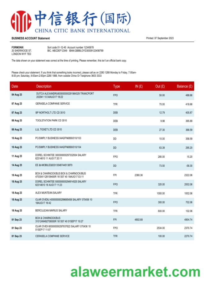 China Citic Bank corporate account statement Word and PDF template